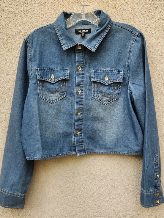 True Religion Tops - TRUE RELIGION Women’s Oversized Cropped Shirt Medium Blue Jacket